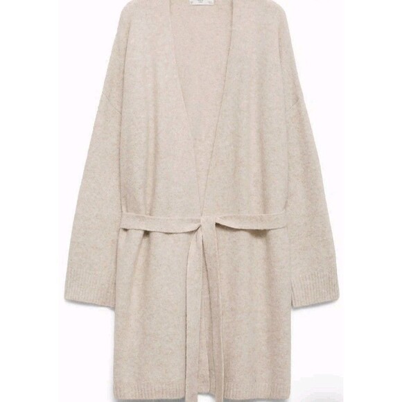 MANGO Oversized Beige Cardigan Sweater M/L Tie-Front Relaxed Boho Knit Cotton - Picture 1 of 5